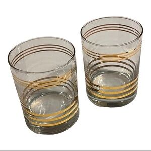 MCM design barware low ball glasses clear gold stripes contemporary man cave 4”